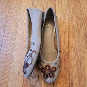 Stuart Weitzmann 8W Tan Brown Fabric Embroidered Beaded Flats Leather Sole